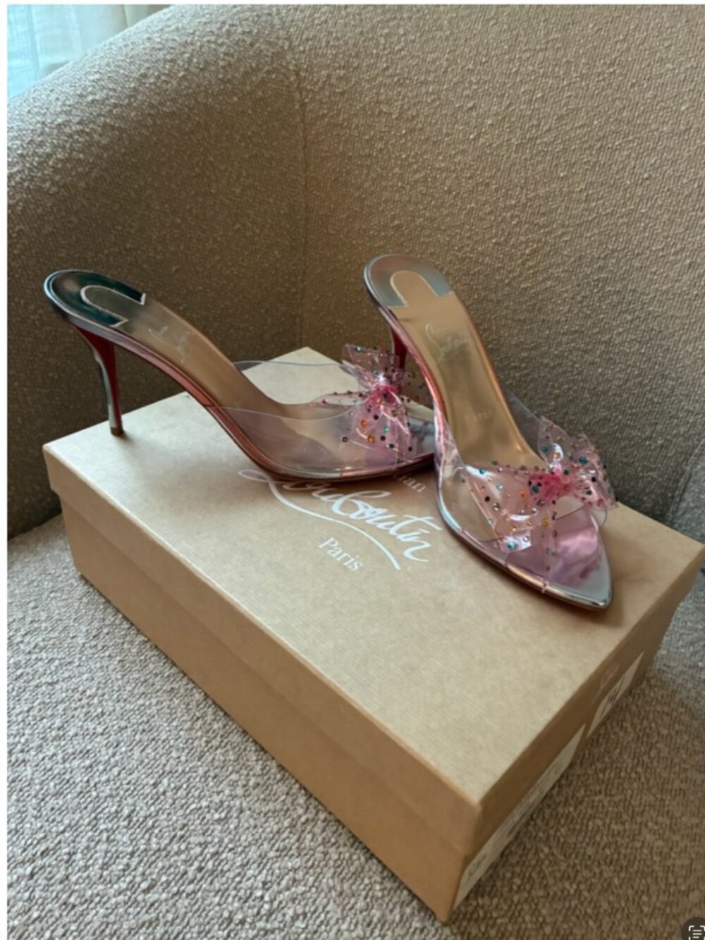 Christian Louboutin AquaStrass PVC Pink Crystal Bow Mules SIZE 7.5/39 (see note) - Picture 8 of 16